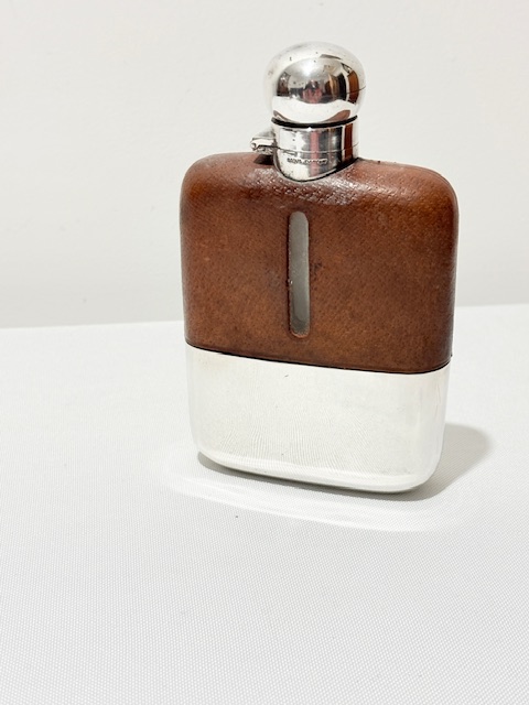 Antique Silver Plated and Cow Hide Hip Flask with Silver Plated Drinking Cup