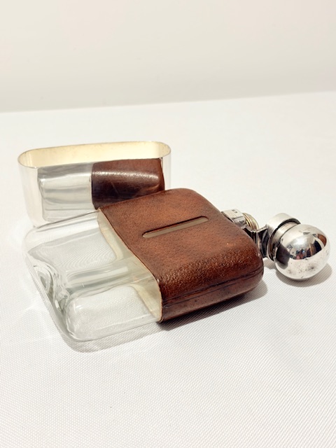 Antique Silver Plated and Cow Hide Hip Flask with Silver Plated Drinking Cup
