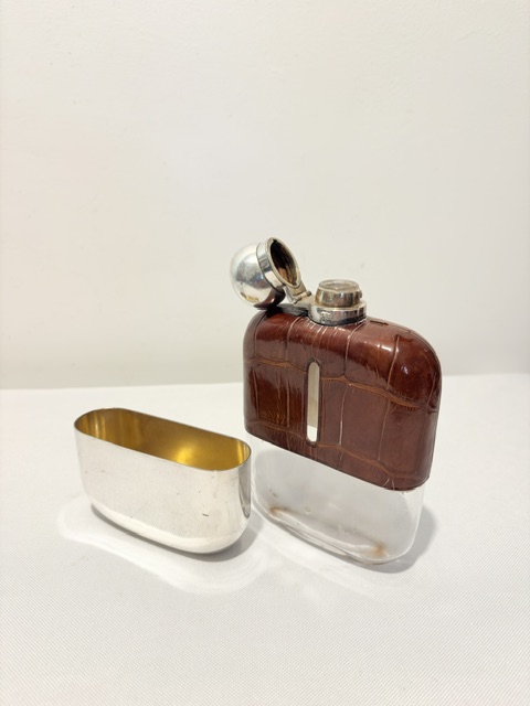 Antique Silver Plated and Crocodile Skin Hip Flask by James Dixon & Son