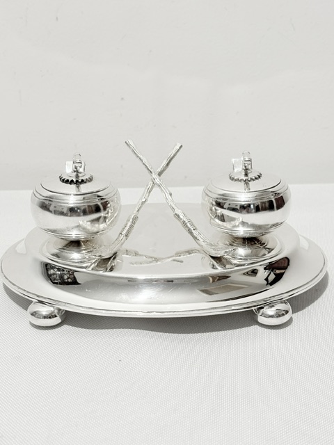 Novelty Antique Silver Plated Inkstand of Curling Interest Novelty Antique Silver Plated Inkstand of Curling Interest