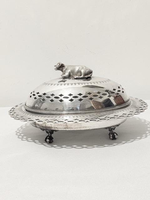 Charming Antique Silver Plated Butter Dish with Reclining Cow