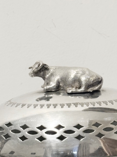 Charming Antique Silver Plated Butter Dish with Reclining Cow Charming Antique Silver Plated Butter Dish with Reclining Cow