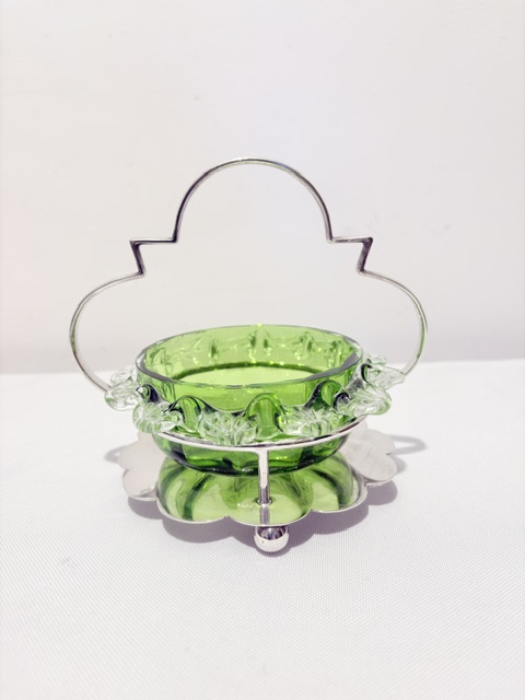 Antique Green Glass and Silver Plated Jam or Preserve Dish on Stand