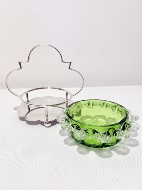 Antique Green Glass and Silver Plated Jam or Preserve Dish on Stand