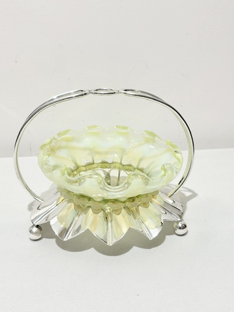 Antique Silver Plated Jam or Preserve Frame Holding a Vaseline Glass Dish