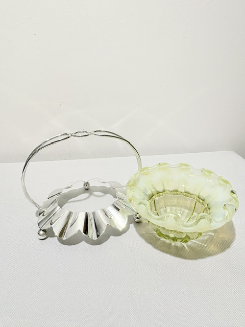 Antique Silver Plated Jam or Preserve Frame Holding a Vaseline Glass Dish Antique Silver Plated Jam or Preserve Frame Holding a Vaseline Glass Dish