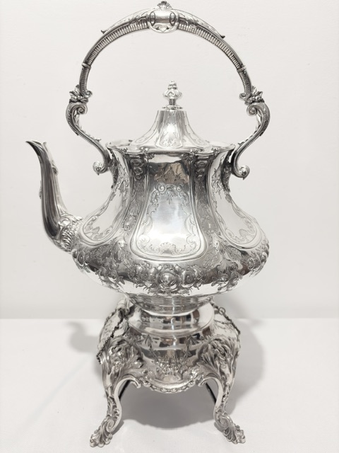 Handsome Antique Silver Plated Tea Kettle on Stand Handsome Antique Silver Plated Tea Kettle on Stand