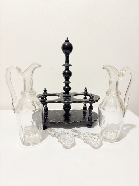 Antique Oil & Vinegar Set Housed in a Black Papier Mache Stand Antique Oil & Vinegar Set Housed in a Black Papier Mache Stand