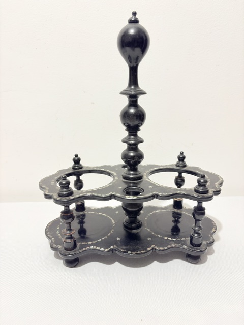 Antique Oil & Vinegar Set Housed in a Black Papier Mache Stand Antique Oil & Vinegar Set Housed in a Black Papier Mache Stand