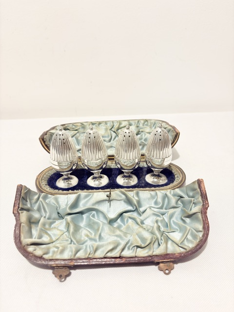 Boxed Set of 4 Antique Silver Plated Pepper Shakers Boxed Set of 4 Antique Silver Plated Pepper Shakers