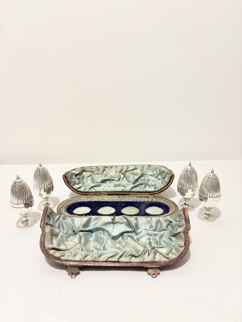 Boxed Set of 4 Antique Silver Plated Pepper Shakers Boxed Set of 4 Antique Silver Plated Pepper Shakers