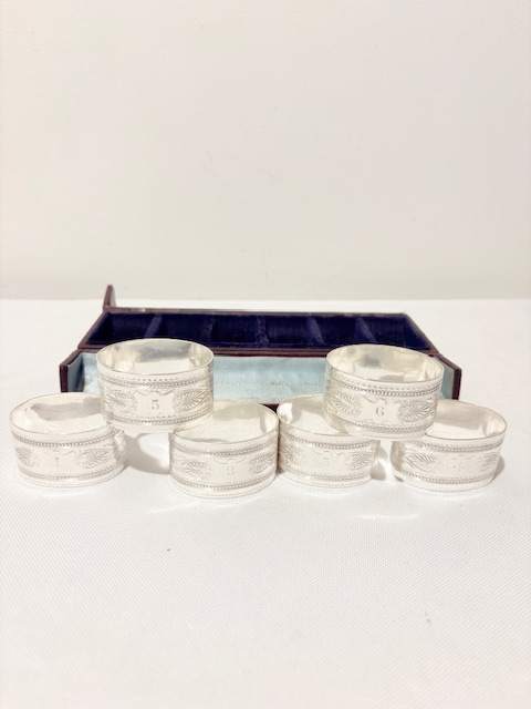 Set of Six Antique Silver Plated Napkin Rings Numbered 1 to 6