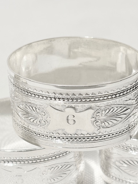 Set of Six Antique Silver Plated Napkin Rings Numbered 1 to 6
