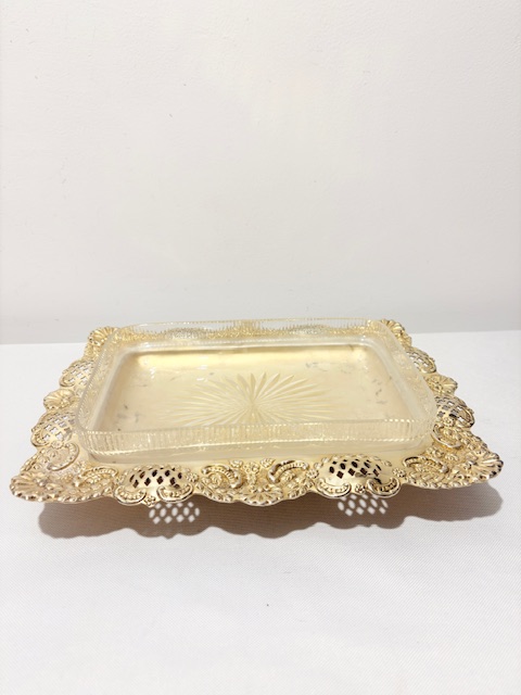 Antique Gold Plated Fruit Dish on Stand with Glass Liner