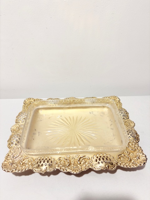 Antique Gold Plated Fruit Dish on Stand with Glass Liner