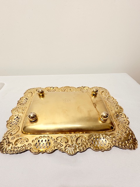 Antique Gold Plated Fruit Dish on Stand with Glass Liner