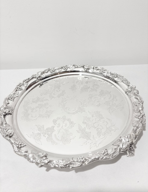 Antique Silver Plated Salver Boldly Mounted with Vines Grapes and Leaves