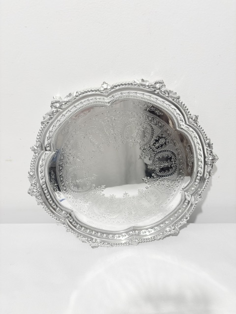 Antique Silver Plated Salver Crisply Engraved Around a Vacant Cartouche Antique Silver Plated Salver Crisply Engraved Around a Vacant Cartouche