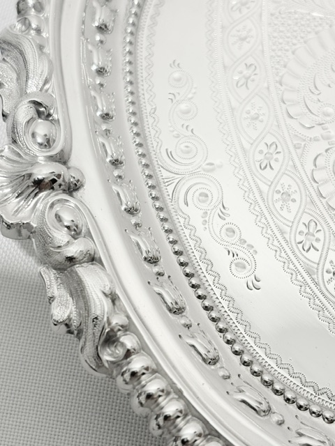 Antique Silver Plated Salver Crisply Engraved Around a Vacant Cartouche Antique Silver Plated Salver Crisply Engraved Around a Vacant Cartouche