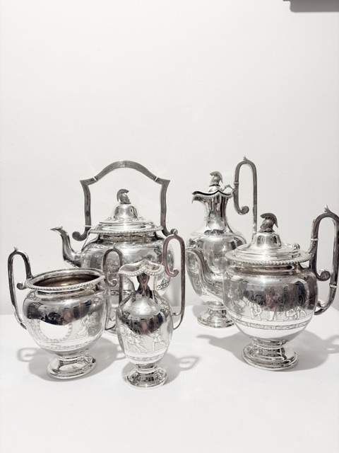 Exceptional Antique Silver Plated 5 Piece Tea and Coffee Set