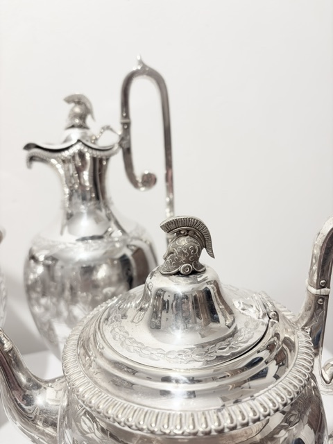 Exceptional Antique Silver Plated 5 Piece Tea and Coffee Set Exceptional Antique Silver Plated 5 Piece Tea and Coffee Set