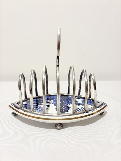 Unusual Antique Silver Plated Toast Rack with Willow Pattern Ceramic Base Tray