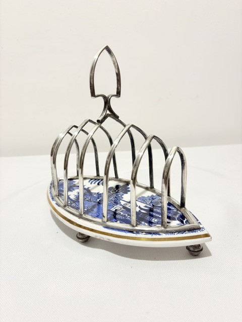 Unusual Antique Silver Plated Toast Rack with Willow Pattern Ceramic Base Tray
