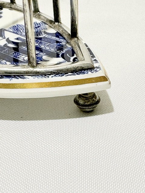 Unusual Antique Silver Plated Toast Rack with Willow Pattern Ceramic Base Tray