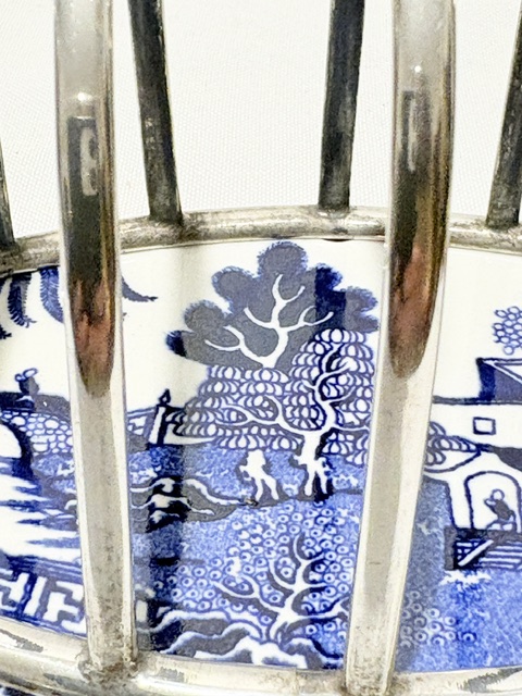 Unusual Antique Silver Plated Toast Rack with Willow Pattern Ceramic Base Tray