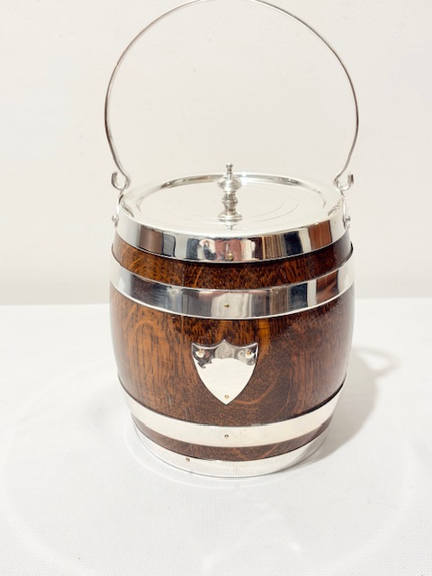 Vintage Silver Plated and Oak Biscuit Box with Vacant Shield