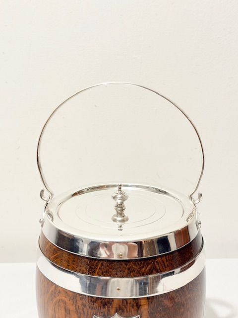 Vintage Silver Plated and Oak Biscuit Box with Vacant Shield Vintage Silver Plated and Oak Biscuit Box with Vacant Shield