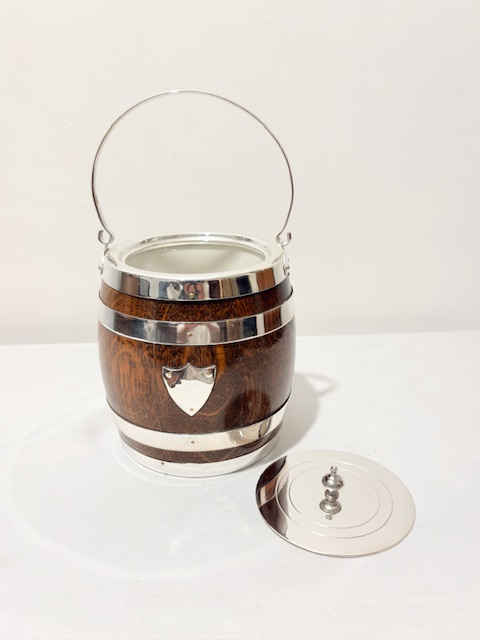 Vintage Silver Plated and Oak Biscuit Box with Vacant Shield Vintage Silver Plated and Oak Biscuit Box with Vacant Shield