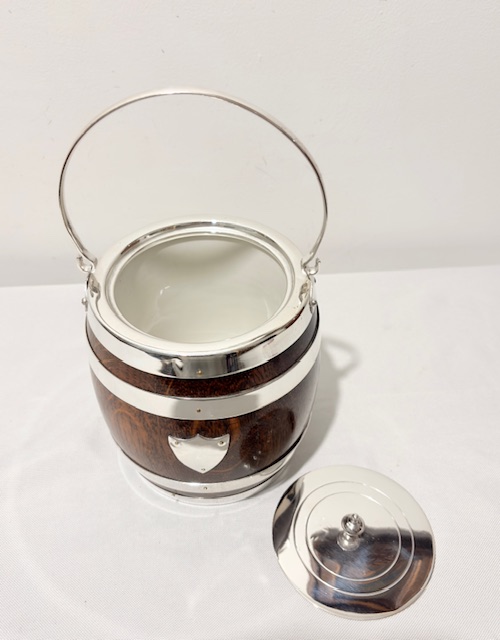 Vintage Silver Plated and Oak Biscuit Box with Vacant Shield Vintage Silver Plated and Oak Biscuit Box with Vacant Shield