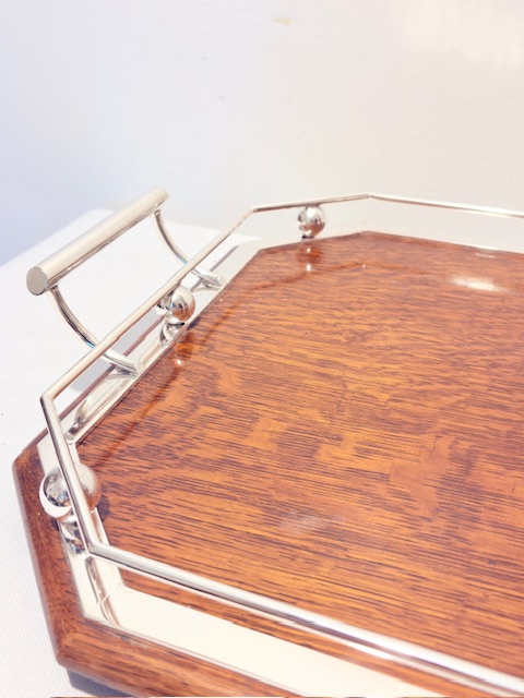 Handsome Antique Oak and Silver Plated Gallery Tray