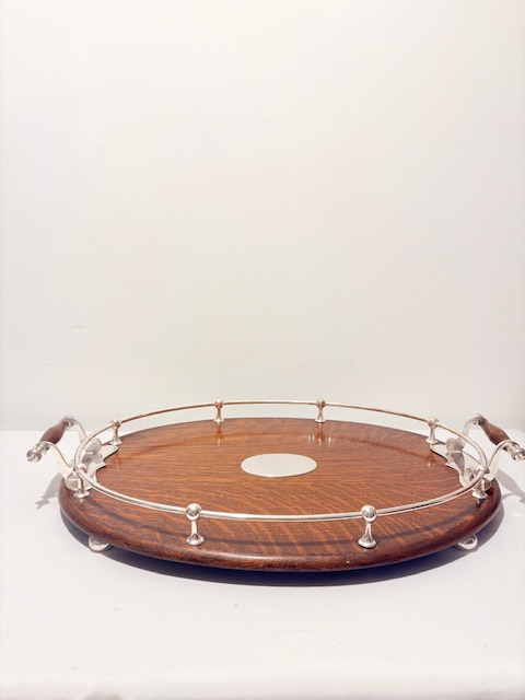 Antique Silver Plated and Oak Gallery Tray with an Oval Shield