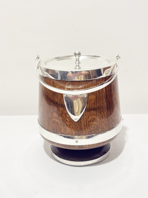 Antique Silver Plate and Oak Biscuit Box with White Ceramic Liner