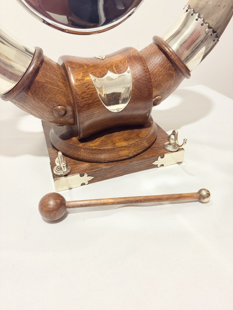 Antique Silver Plated Wood and Cow Horn Table Gong Modelled as a Viking Helmet Antique Silver Plated Wood and Cow Horn Table Gong Modelled as a Viking Helmet