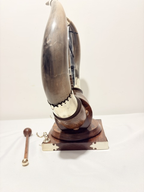 Antique Silver Plated Wood and Cow Horn Table Gong Modelled as a Viking Helmet Antique Silver Plated Wood and Cow Horn Table Gong Modelled as a Viking Helmet