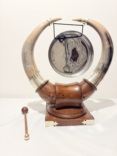 Antique Silver Plated Wood and Cow Horn Table Gong Modelled as a Viking Helmet Antique Silver Plated Wood and Cow Horn Table Gong Modelled as a Viking Helmet