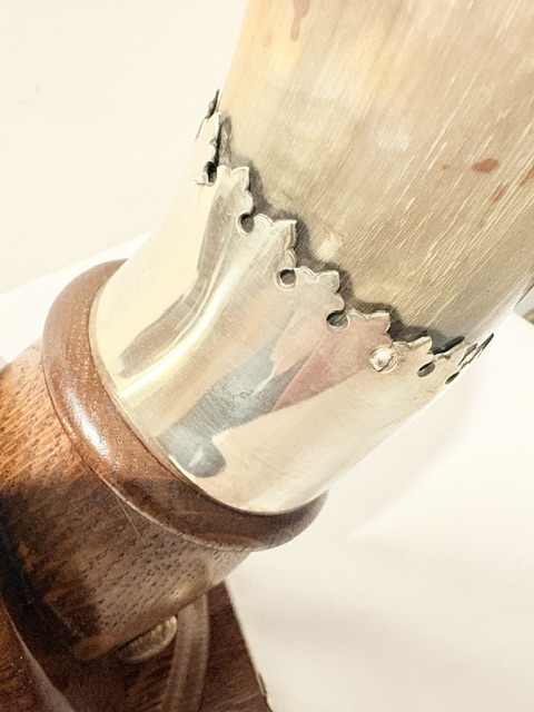 Antique Silver Plated Wood and Cow Horn Table Gong Modelled as a Viking Helmet Antique Silver Plated Wood and Cow Horn Table Gong Modelled as a Viking Helmet