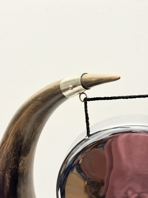 Antique Silver Plated Wood and Cow Horn Table Gong Modelled as a Viking Helmet Antique Silver Plated Wood and Cow Horn Table Gong Modelled as a Viking Helmet