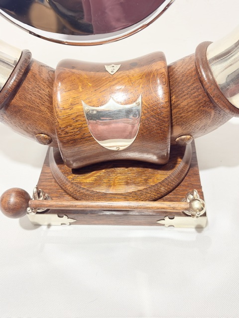 Antique Silver Plated Wood and Cow Horn Table Gong Modelled as a Viking Helmet Antique Silver Plated Wood and Cow Horn Table Gong Modelled as a Viking Helmet