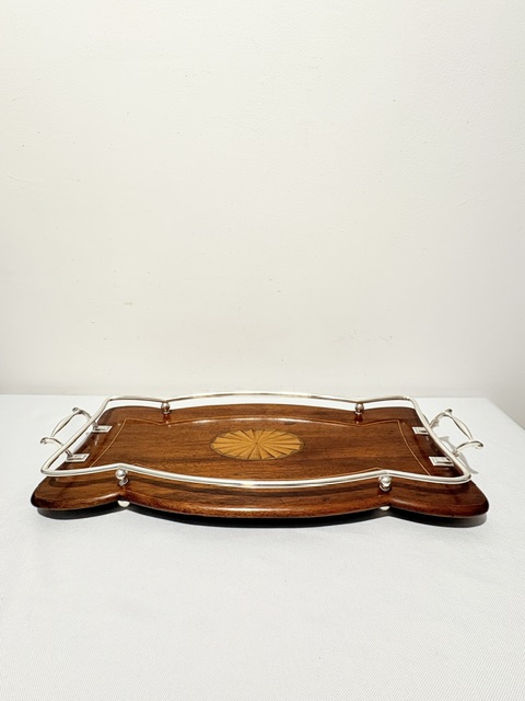 Antique Edwardian Silver Plated and Wood Tray Antique Edwardian Silver Plated and Wood Tray