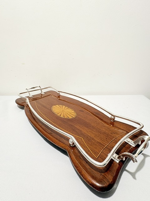 Antique Edwardian Silver Plated and Wood Tray Antique Edwardian Silver Plated and Wood Tray